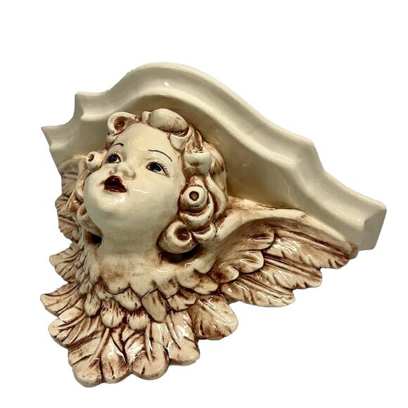 VTG BaroqueCherub Angel Sconce Wall Shelf Corbel Hand Painted Glazed Ceramic - Picture 4 of 8
